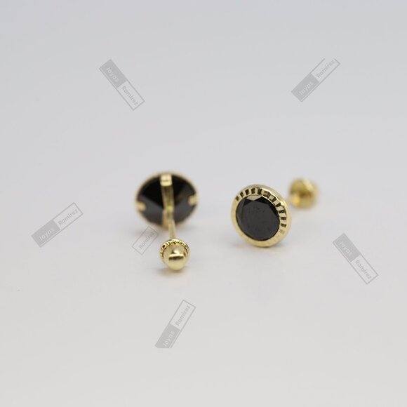 14K Solid Gold Round Black CZ Stud Earrings • 6mm Feminine & Elegant Design. - Picture 5 of 7